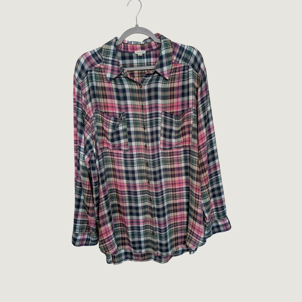 Pilcro Anthropologie Relaxed Fit Plaid Button Up Shirt Pink Green XL